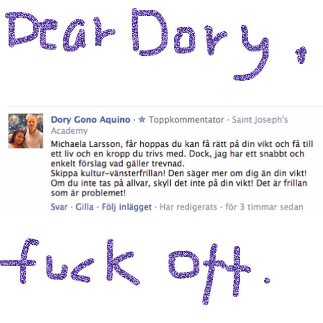 Det är det här jag menar när jag säger att män försöker hålla kvinnor och icke-män på mattan genom att kommentera deras utseende. Istället för att bemöta min artikel med motargument, säger man: "jag lyssnar inte på dig som en intellektuell utan reducerar dig till ett utseende, ett objekt." Detta händer mig varje gång jag utför mitt arbete, det händer aldrig cismän. Snälla Dory, kom med ett motargument till artikeln så ska du få se när jag krossar dig verbalt. 👊
